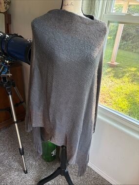 Gray Fringe-Trim Open Knit Poncho Sweater